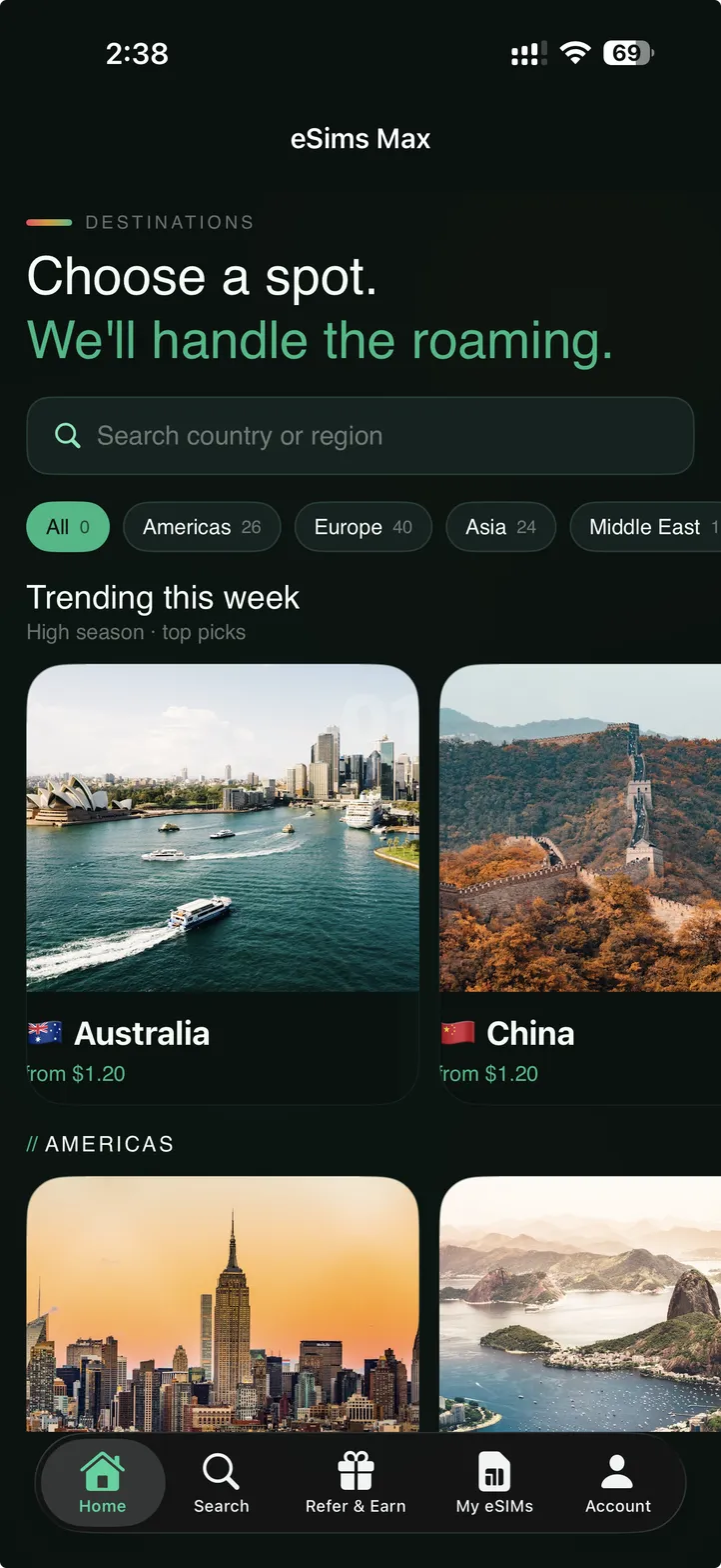 eSIMsMAX showing country search and travel eSIM destinations