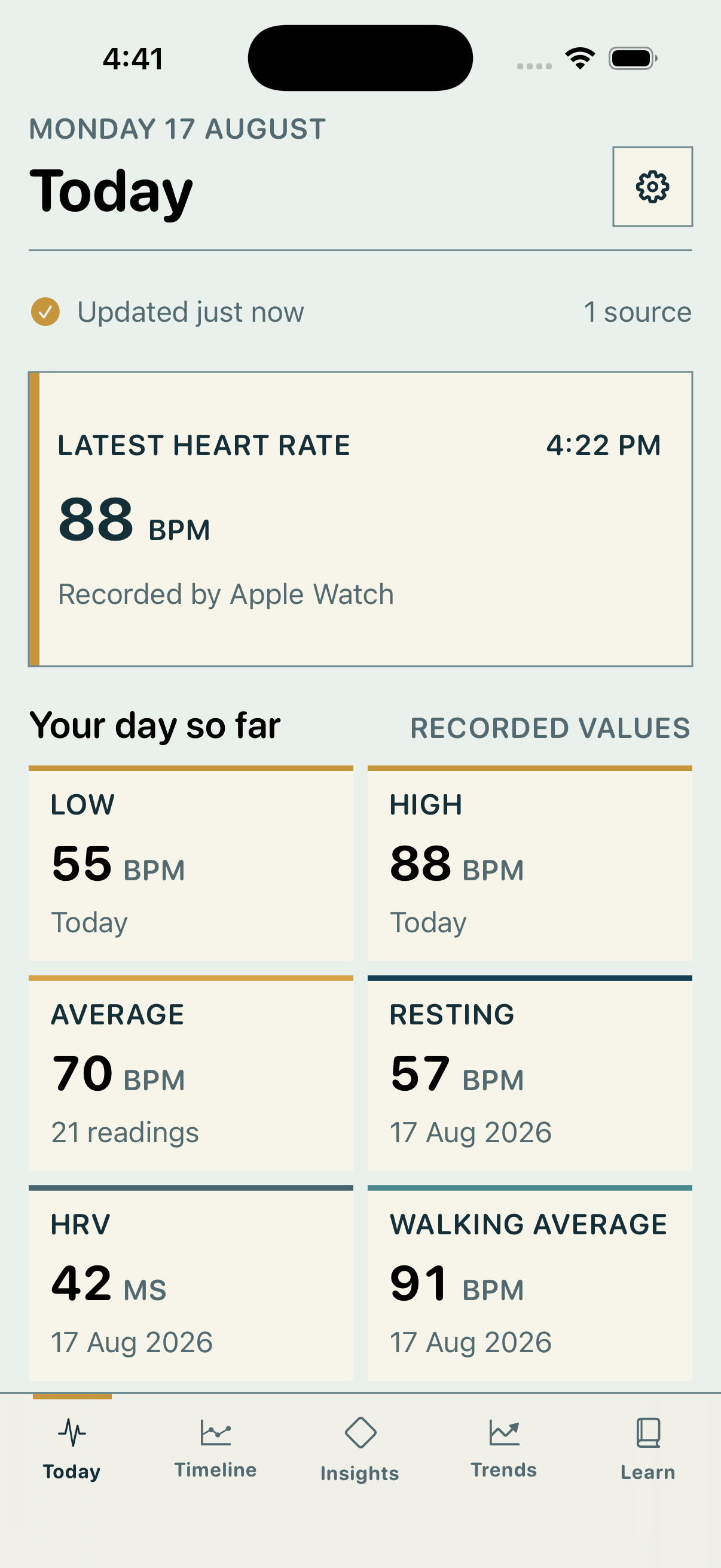 HeartStory Today screen showing the latest heart-rate reading and daily Apple Watch metrics