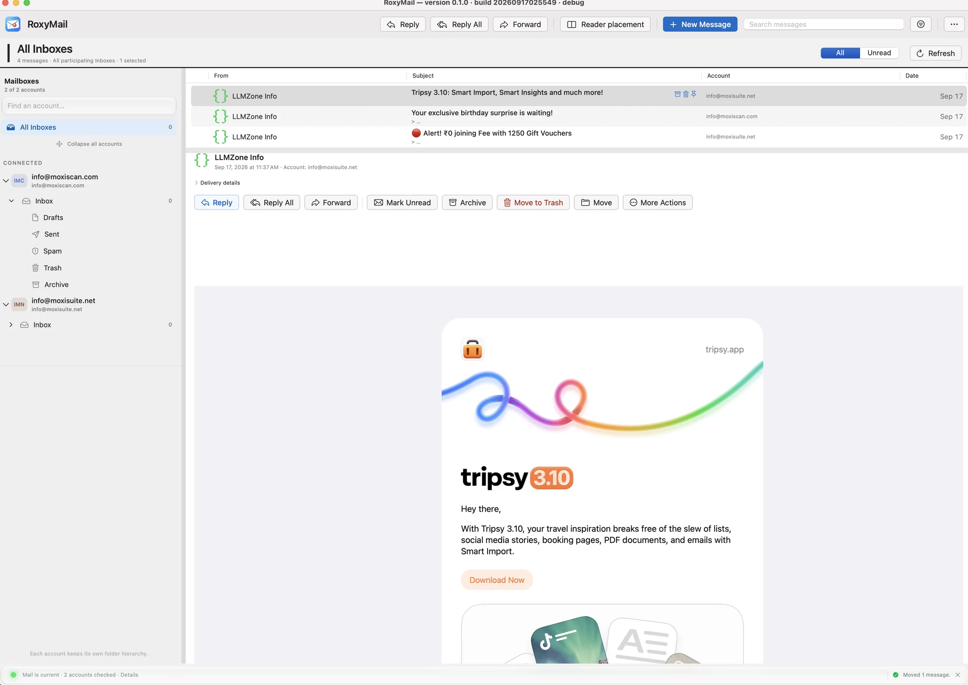 RoxyMail for Mac showing account folders, All Inboxes, and a message reader